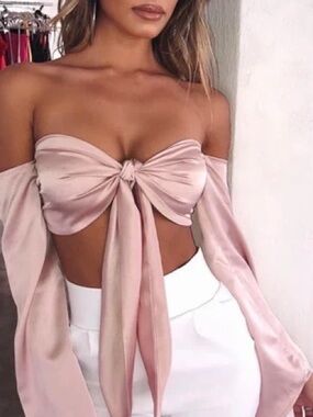 BABYBOO Blush Satin Tie-Front Crop Top